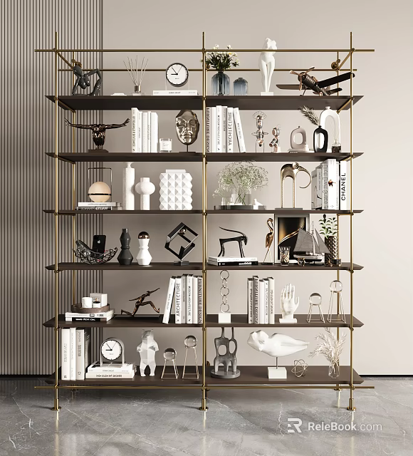 Modern Multi Tiered Metal Frame Shelving Unit With Decorative Books Sculptures And Vases 3d model 
