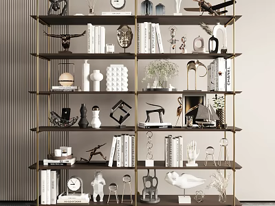 Modern Multi Tiered Metal Frame Shelving Unit With Decorative Books Sculptures And Vases 3d model