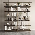 Modern Multi Tiered Metal Frame Shelving Unit With Decorative Books Sculptures And Vases