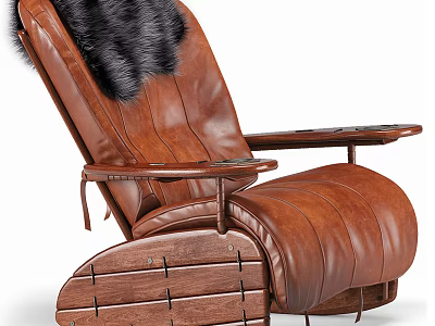 Brown Leather Lazy Sofa With Black Faux Fur Backrest And Wooden Base Armrests 3d model