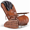 Brown Leather Lazy Sofa With Black Faux Fur Backrest And Wooden Base Armrests