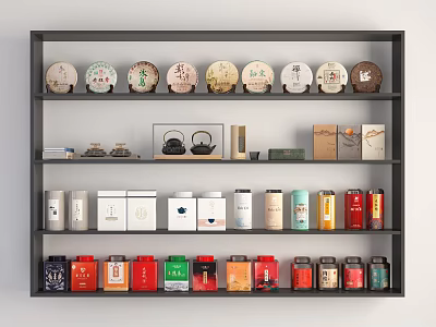 Tea Set Collection Display on Multi Layered Shelf with Tea Cakes and Colorful Canisters 3d model