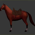 Detailed Red Horse Model With Brown Saddle Standing On Dark Background