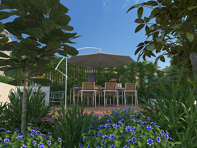 Garden Landscape With Outdoor Patio Lush Greenery Colorful Flowers Dining Table Chairs And Umbrella 3d model