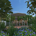Garden Landscape With Outdoor Patio Lush Greenery Colorful Flowers Dining Table Chairs And Umbrella