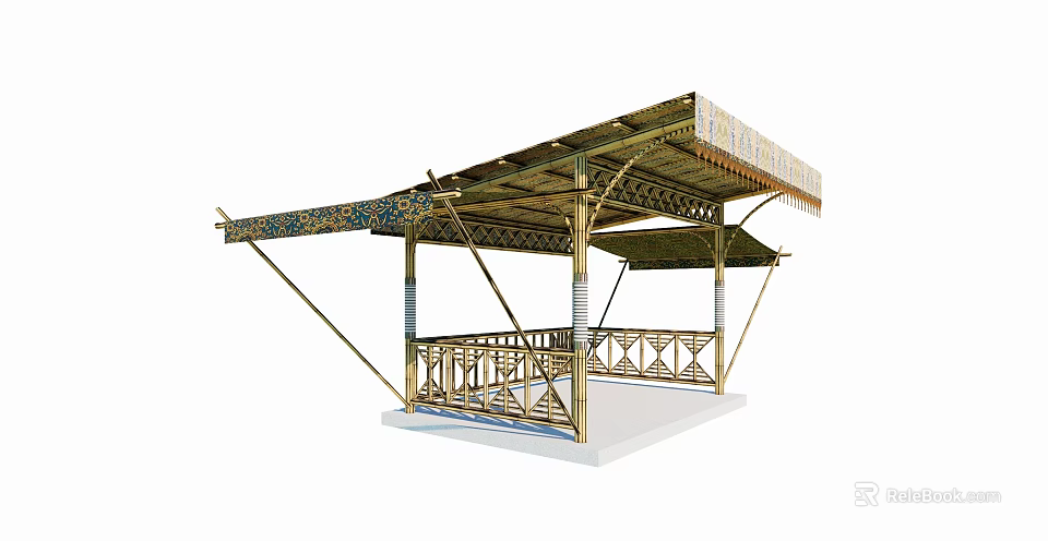 Bamboo Landscape Pavilion with Ornate Canopy and Wooden Railings in Outdoor Design 3d model 