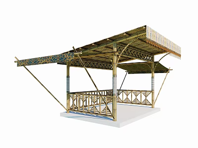 Bamboo Landscape Pavilion with Ornate Canopy and Wooden Railings in Outdoor Design 3d model