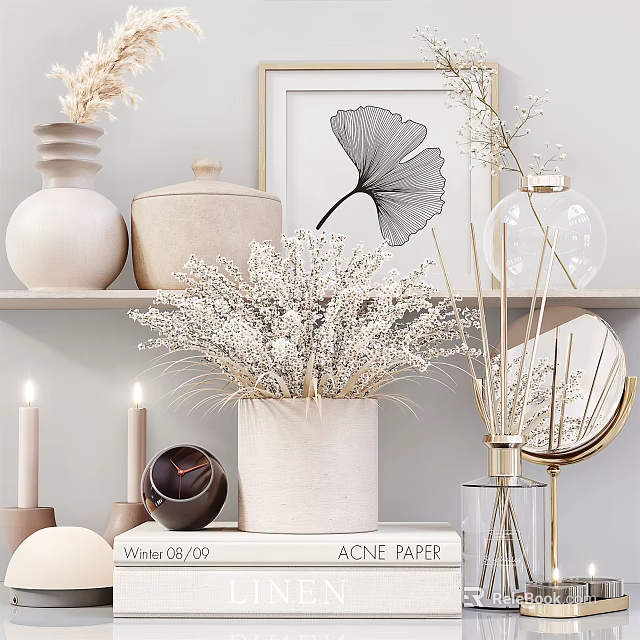 Minimalist Decorative Ornament Set With Dried Flowers Vases Candles Mirror And Picture Frame 3d model 