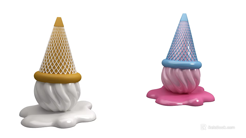 Two Ice Cream Cones With White Pink Ice Cream Gold Blue Mesh Toppings Melted 3d model 