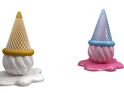 Two Ice Cream Cones With White Pink Ice Cream Gold Blue Mesh Toppings Melted 3d model