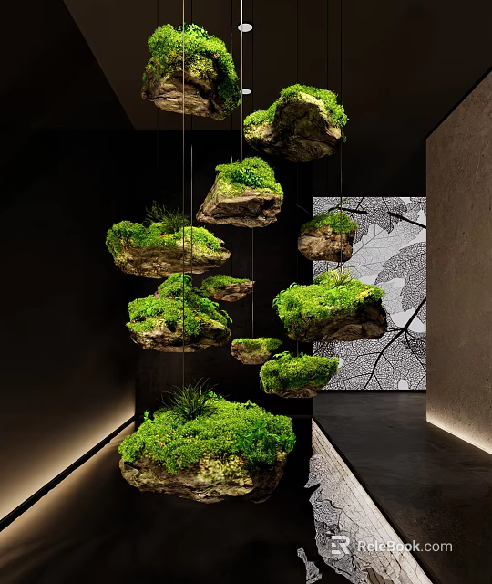 Hanging Rocks with Green Plants and Decorative Tree Branch Backdrop in Modern Interior 3d model 