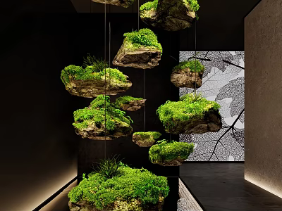 Hanging Rocks with Green Plants and Decorative Tree Branch Backdrop in Modern Interior 3d model