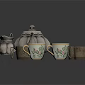 Traditional Tea Set With Silver Teapot Sugar Bowl Patterned Cups And Metal Mugs