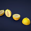 Fresh Yellow Melon Display Whole And Sliced Showing Inner Structure Against Dark Blue Background
