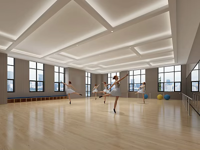 Dance Studio With Female Dancers Practicing Ballet On Wooden Floor Large Windows And Fitness Balls 3d model