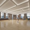 Dance Studio With Female Dancers Practicing Ballet On Wooden Floor Large Windows And Fitness Balls