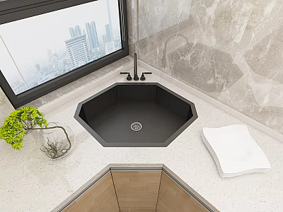 Modern Kitchen With Hexagonal Black Sink Light Countertop Wooden Cabinets Window Urban View Green Plant 3d model