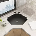 Modern Kitchen With Hexagonal Black Sink Light Countertop Wooden Cabinets Window Urban View Green Plant