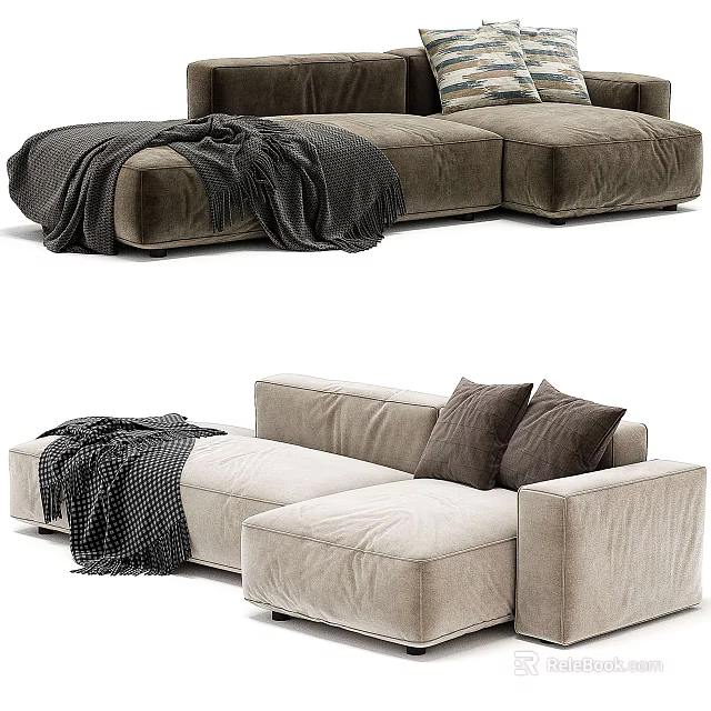 Cozy Plush Brown and Beige Sectional Sofa with Dark Blanket and Brown Cushions 3d model 