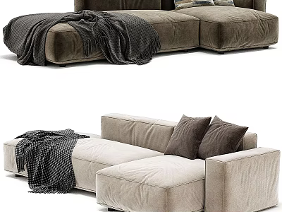 Cozy Plush Brown and Beige Sectional Sofa with Dark Blanket and Brown Cushions 3d model