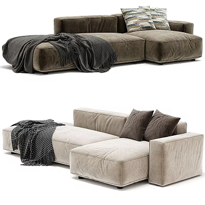 Cozy Plush Brown and Beige Sectional Sofa with Dark Blanket and Brown Cushions 3d model
