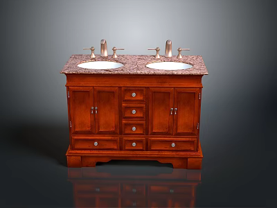 Classic Wooden Bathroom Vanity With Double Sinks Granite Countertop And Faucets 3d model