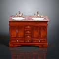 Classic Wooden Bathroom Vanity With Double Sinks Granite Countertop And Faucets