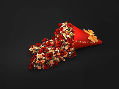 Floral Display Featuring Red Cone Shaped Bouquet Welcome Home Text Red Orange Roses Yellow Bow 3d model