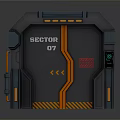 Sci Fi Sector 07 Door Design With Black Frame Orange Accents And Skull Logo