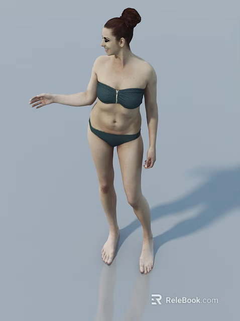 Woman Wearing Dark Green Bikini Standing With One Hand Extended Against Gray Background With Shadow 3d model 