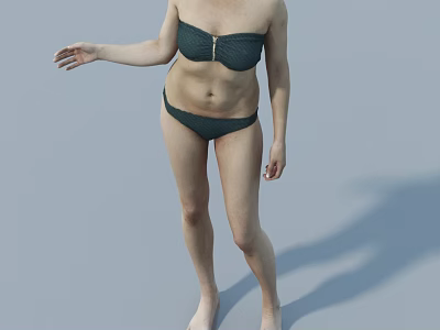 Woman Wearing Dark Green Bikini Standing With One Hand Extended Against Gray Background With Shadow 3d model