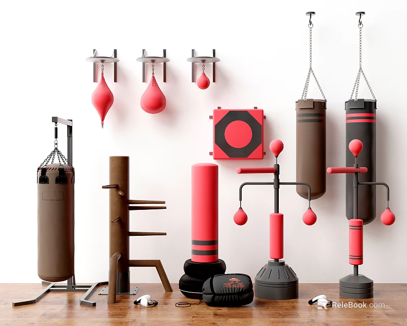 Boxing Training Sports Equipment Including Punching Bags Speed Bags Standing Targets And Wooden Rack 3d model 