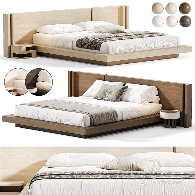Minimalist Double Bed With Wooden Headboard Mattress Pillows And Bedside Table 3d model 