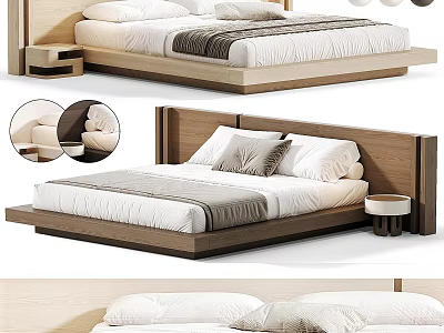Minimalist Double Bed With Wooden Headboard Mattress Pillows And Bedside Table 3d model