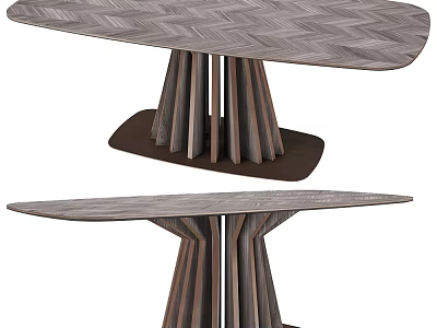 Modern Dining Table With Herringbone Wood Grain Tabletop And Multi Column Legs Design 3d model