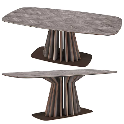 Modern Dining Table With Herringbone Wood Grain Tabletop And Multi Column Legs Design 3d model
