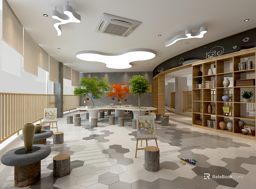 Bright Kindergarten Interior With Colorful Tables Green Plants Bookshelves And Art Displays 3d model 
