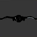 3D Character In Black Bodysuit With Black Helmet And Arms Outstretched On Gray Background