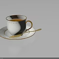 White Teacup With Gold Rim And Decorations On Matching Saucer With Gold Spoon