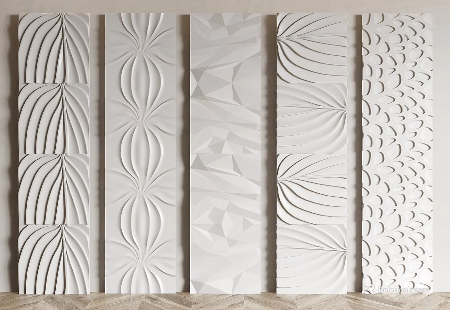 White Textured Wall Panels With Various Decorative Patterns For Interior Design 3d model 