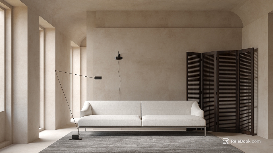 Minimalist Modern White Sectional Sofa In Beige Room With Black Floor Lamp And Gray Rug 3d model 