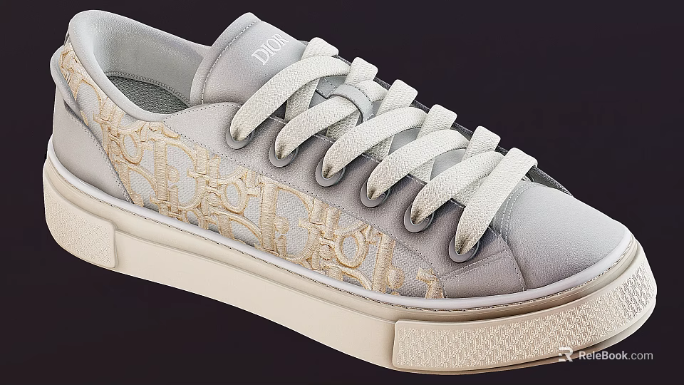 Gray Sneakers With Gold Embroidered Logo White Laces And Beige Sole 3d model 