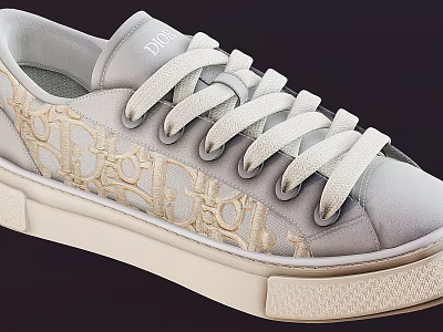 Gray Sneakers With Gold Embroidered Logo White Laces And Beige Sole 3d model