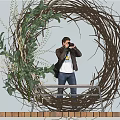 Nest Shaped Outdoor Garden Ornament With Wooden Platform Bench And Green Vines Decoration