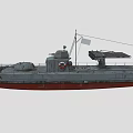 Military Warship With Gray Hull Red Bottom And Deck Weapon Systems 3d model