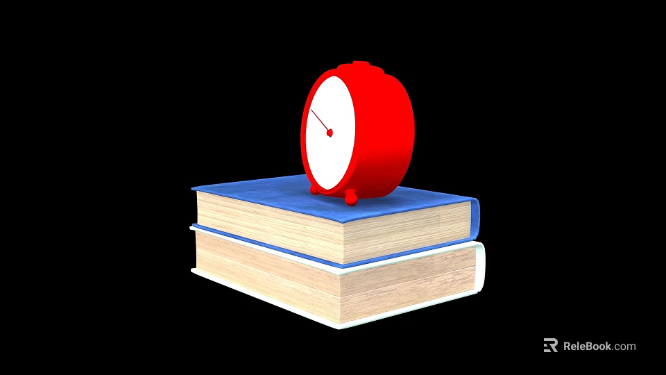 Red Alarm Clock Resting On Stacked Books Against Black Background 3d model 