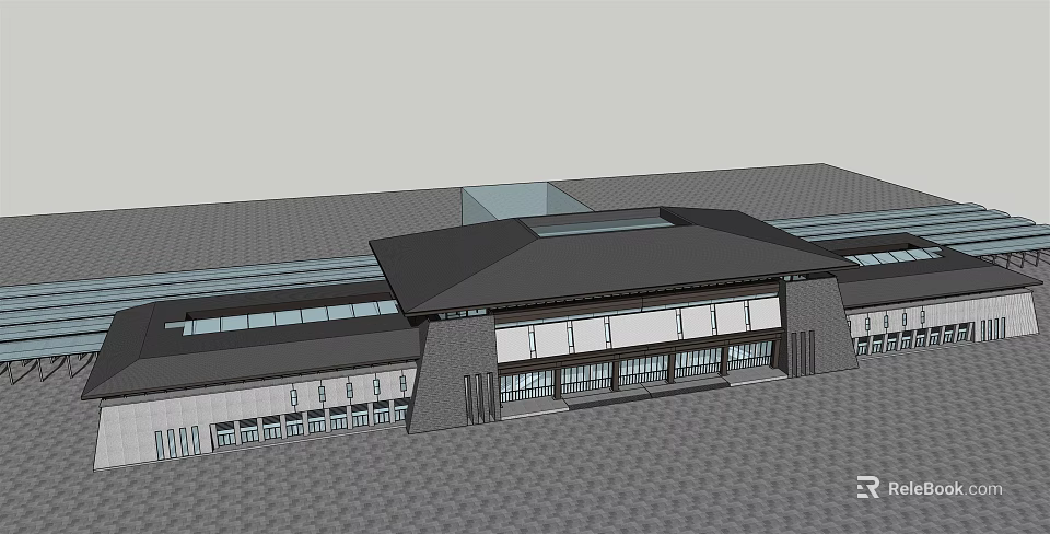 Modern Public Building Structure With Symmetrical Roof And Glass Windows Entrance 3d model 