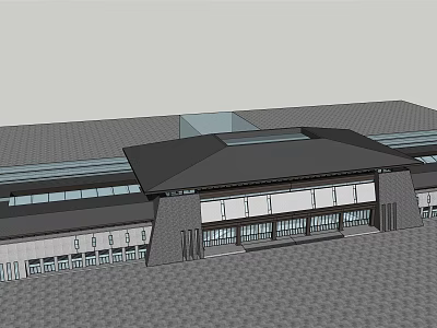 Modern Public Building Structure With Symmetrical Roof And Glass Windows Entrance 3d model