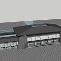 Modern Public Building Structure With Symmetrical Roof And Glass Windows Entrance