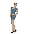 Elegant Woman in Blue Fitted Dress Standing Against Gray Background Wearing Black High Heels